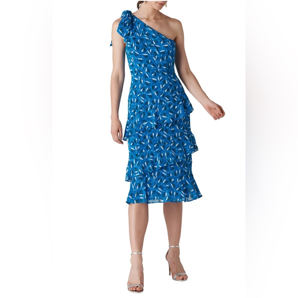 Whistles Blue Almond Print One Shoulder Dobby Ruffle Midi Dress